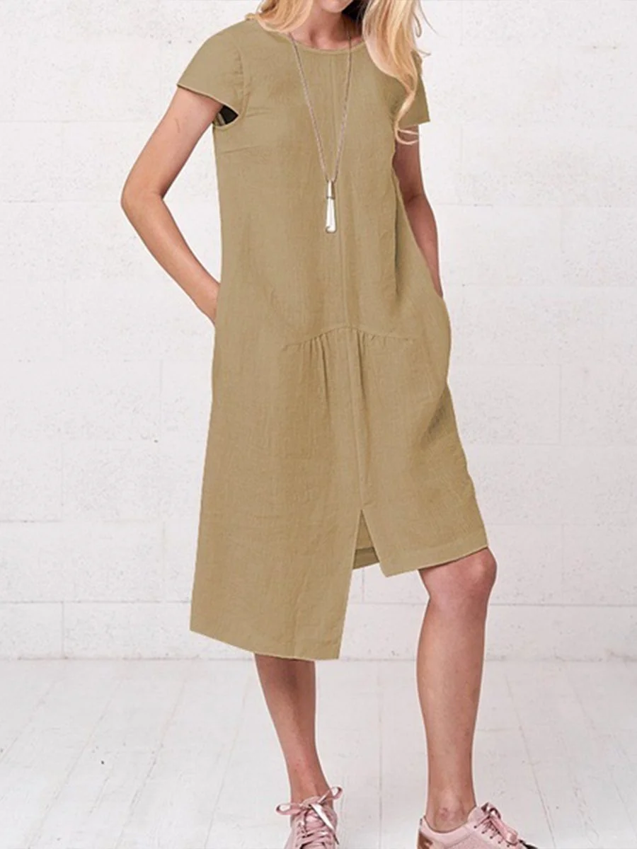Women's Solid Color Asymmetric Cotton Linen Dress