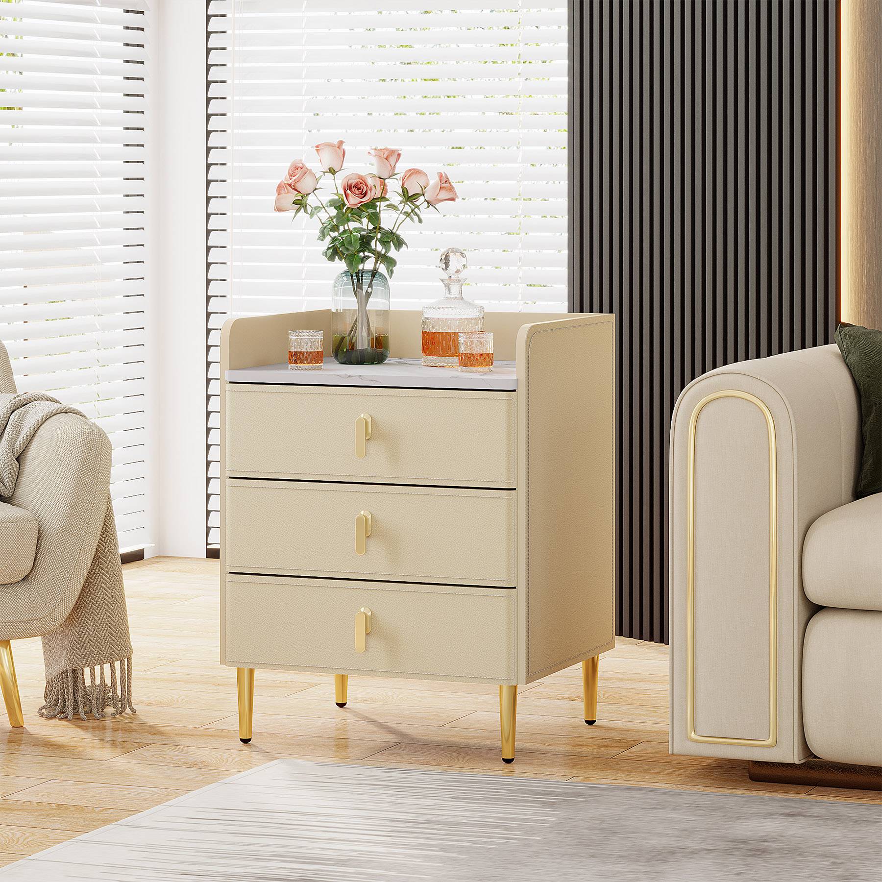 Nightstand with 3 Drawers, Modern Beside Table with Faux Marble Top