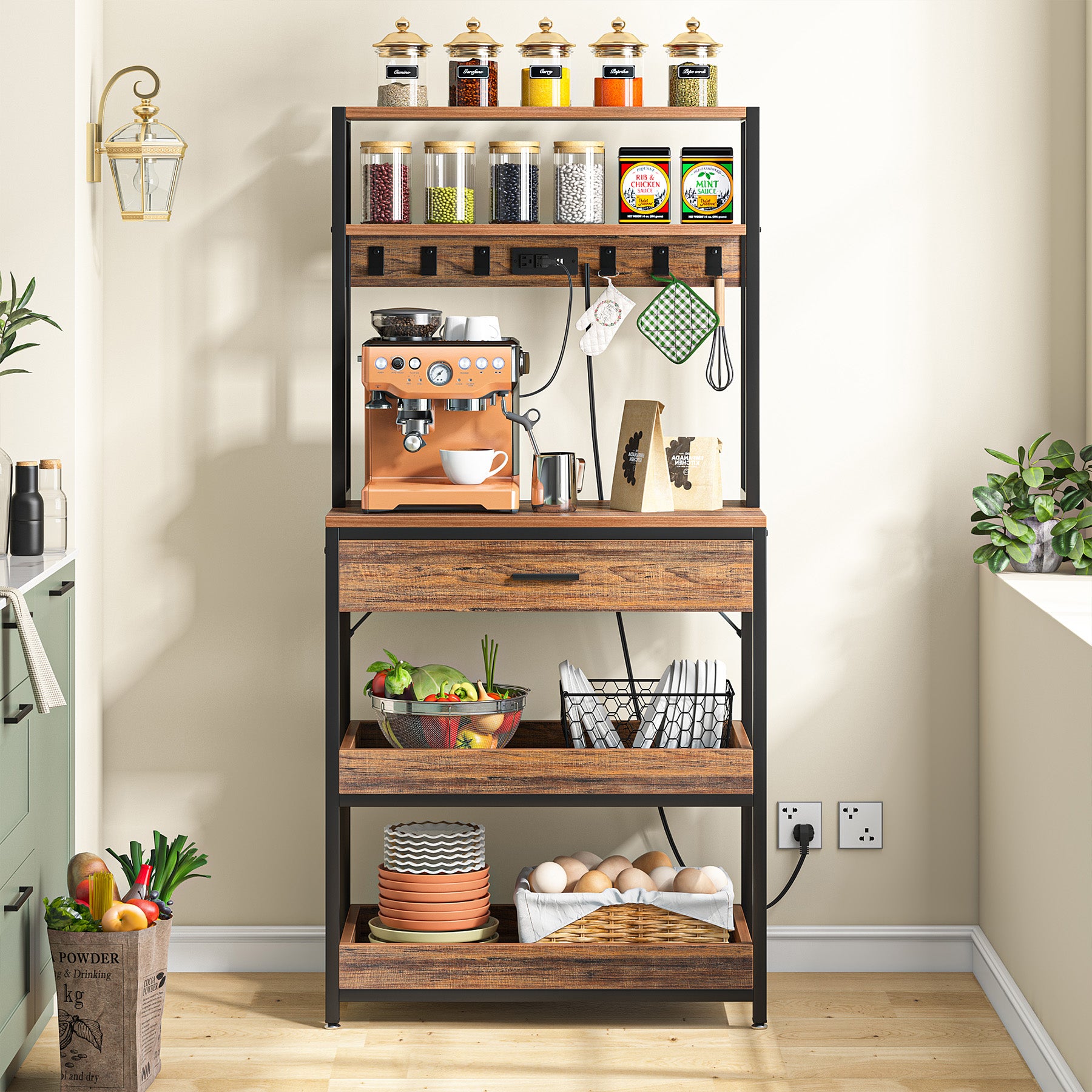 5-Tier Kitchen Baker's Rack with Power Outlets, Drawer & Sliding Shelves