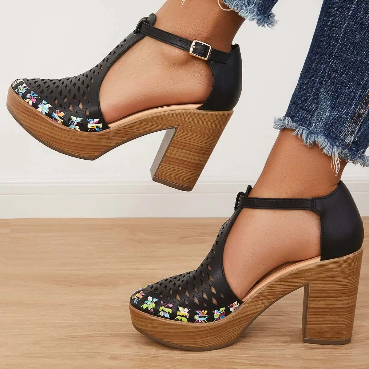 Platform Block Chunky High Heels Ankle T-Strap Cutout Sandals