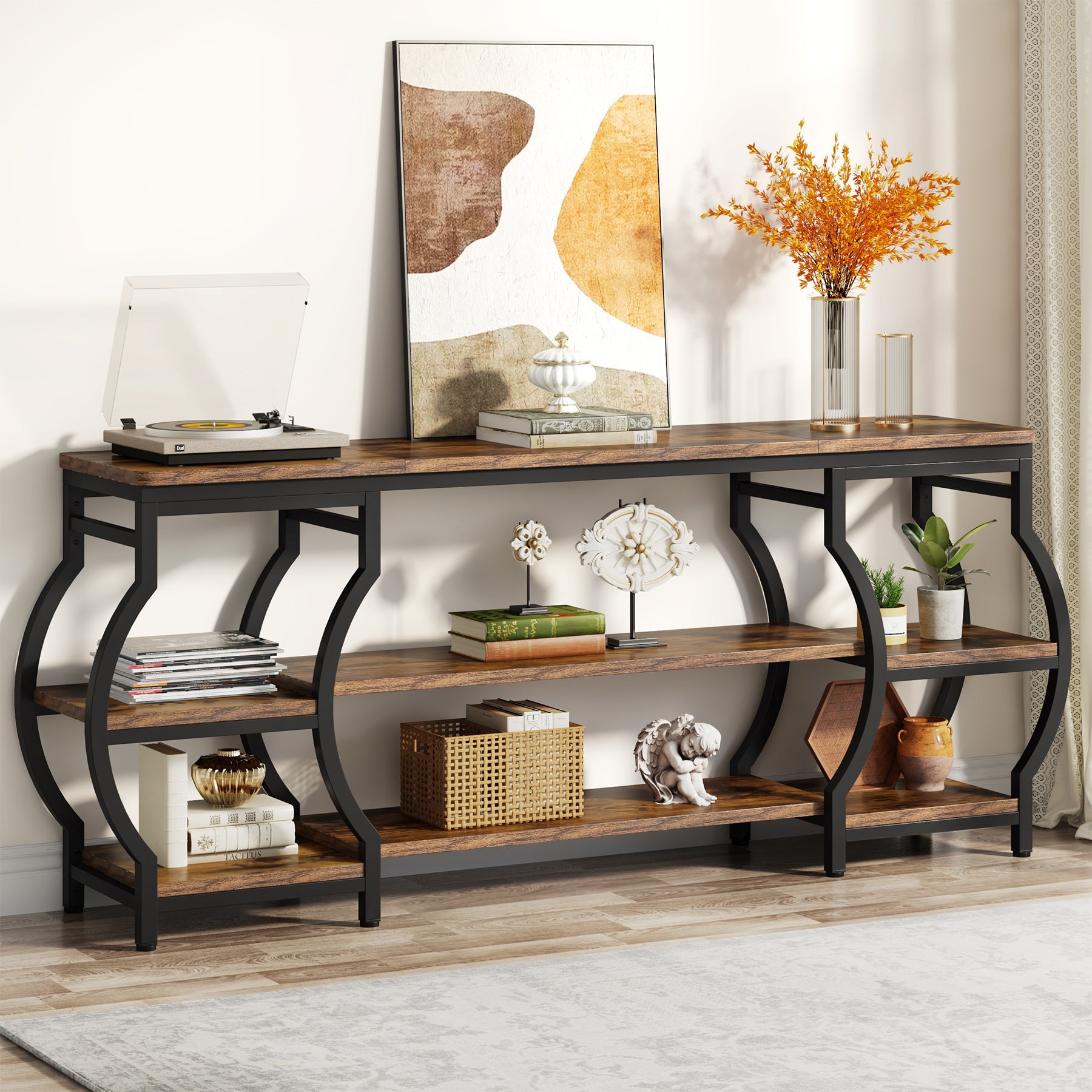 63” Console Table, 3-Tier Sofa Entryway Table with Storage Shelves