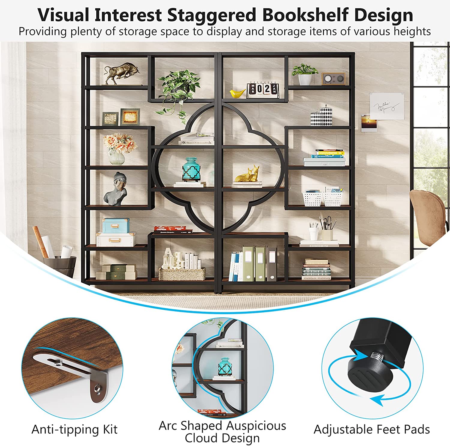 Industrial  Bookshelf, 11-Shelves Staggered Etagere 75” Tall Bookcase