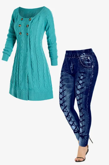 Cable Knit Mock Button Long Sweater and High Waisted 3D Printed Leggings Plus Size Outerwear Outfit