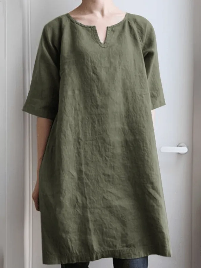 Women's Cotton Linen V-Neck Loose Short Sleeve Dress