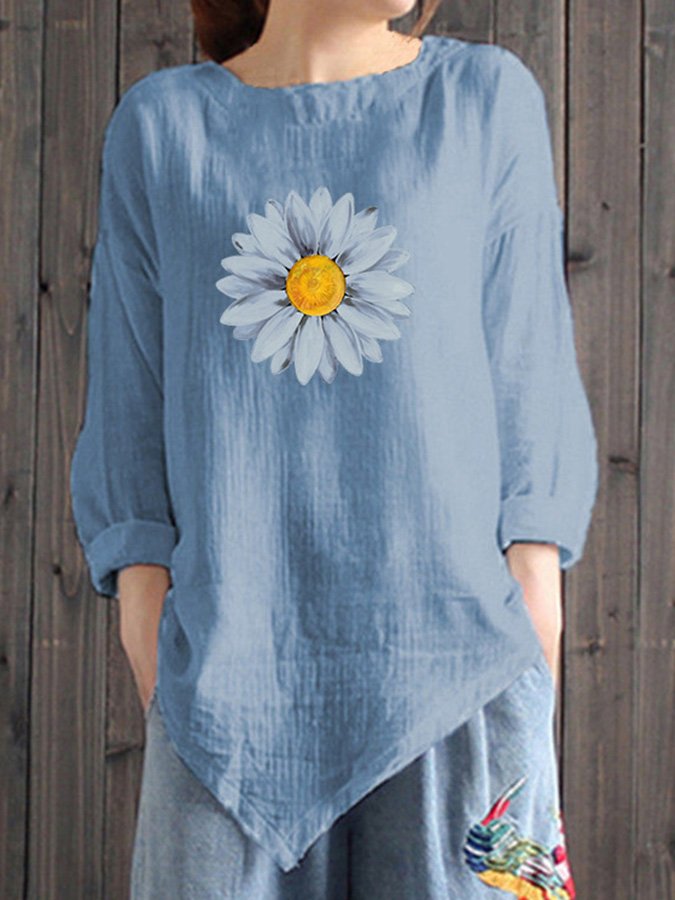 Ladies Cotton Linen Daisy Print Casual Irregular Hem Shirt