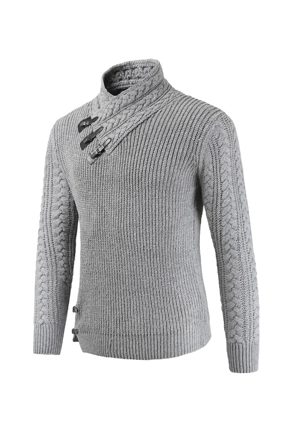 Grey Men's Casual High Neck Buckle Knitted Pullover Sweater