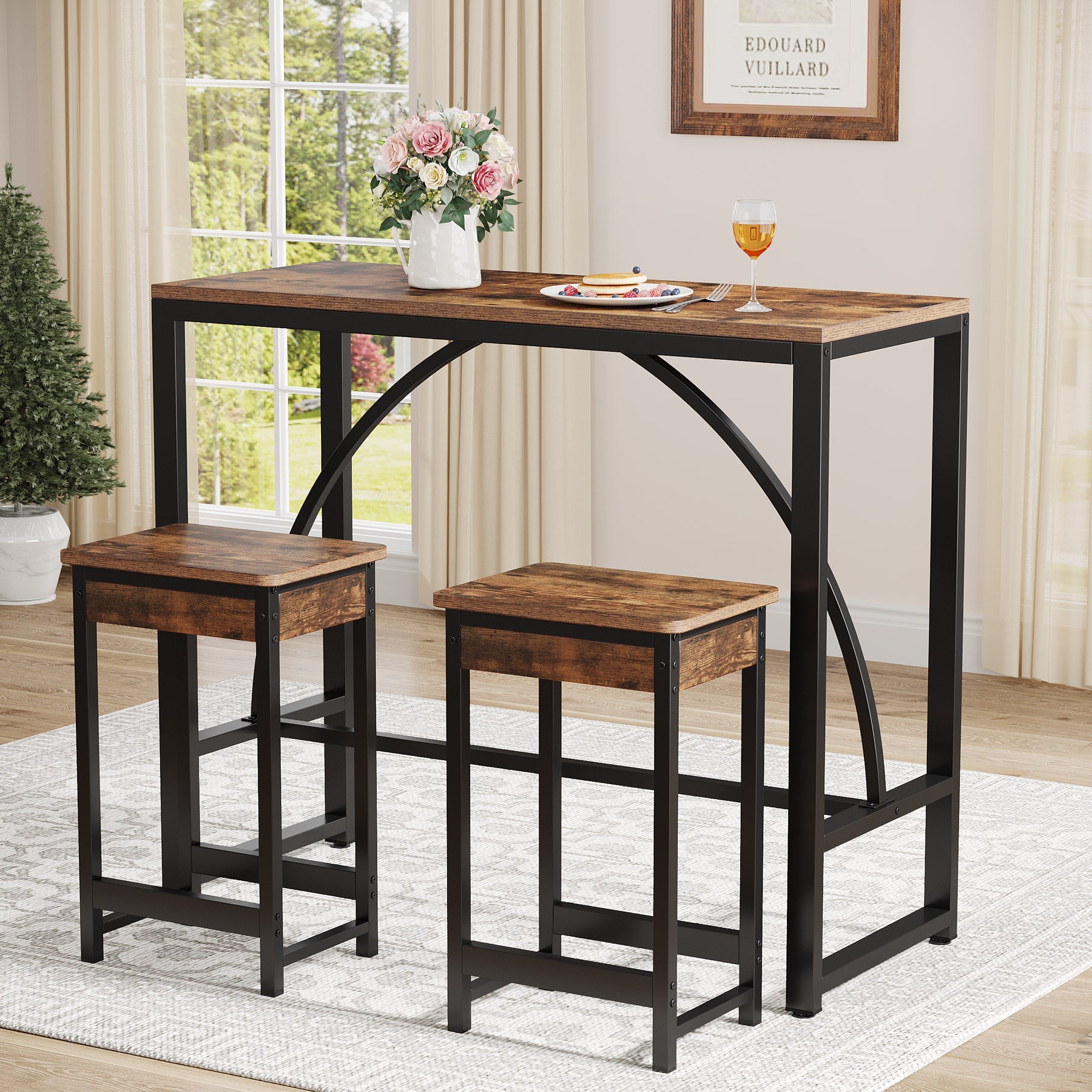 3-Piece Bar Table Set, 43.7-Inch Dining Table with 2 Stools