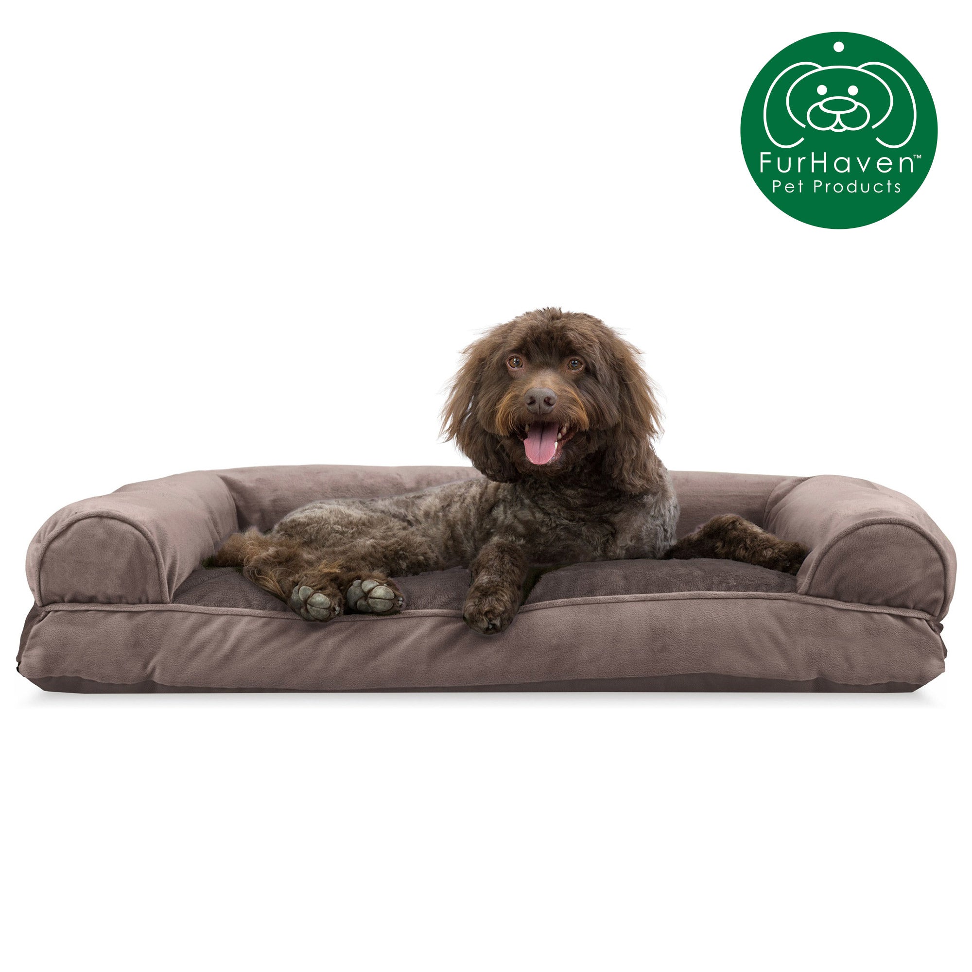Furhaven Pet Products | Faux Fur and Velvet Pillow Sofa Pet Bed for Dogs and Cats， Driftwood Brown， Large