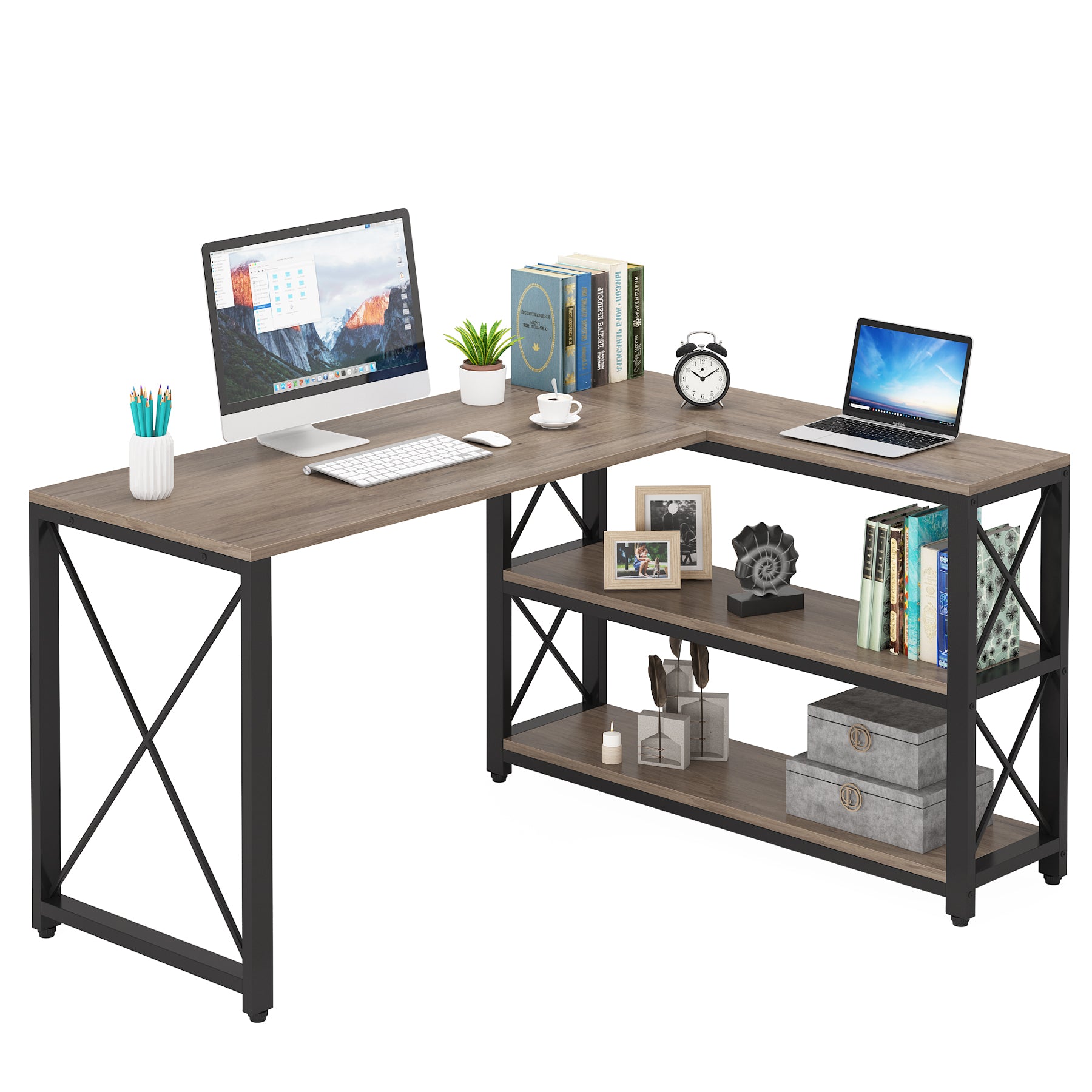 Reversible L-Shaped Desk, Corner Computer Desk with Shelves