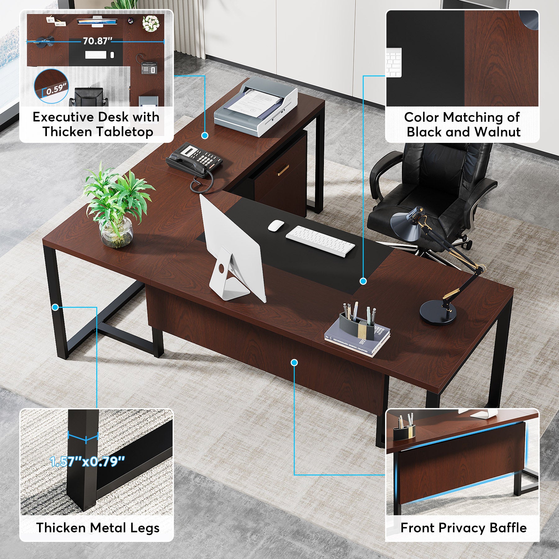 70.8” L-Shaped Desk, Large Executive Desk with Mobile File Cabinet