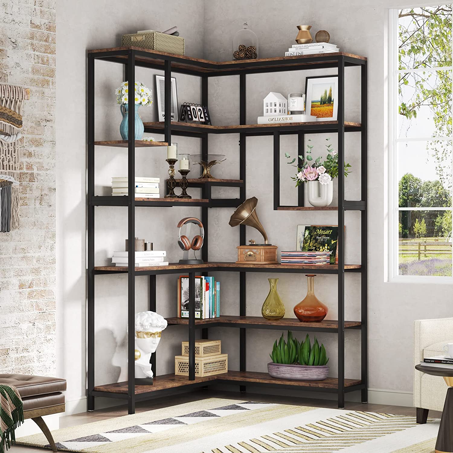 6-Tier Corner Bookshelf Industrial Etagere Corner Bookcase