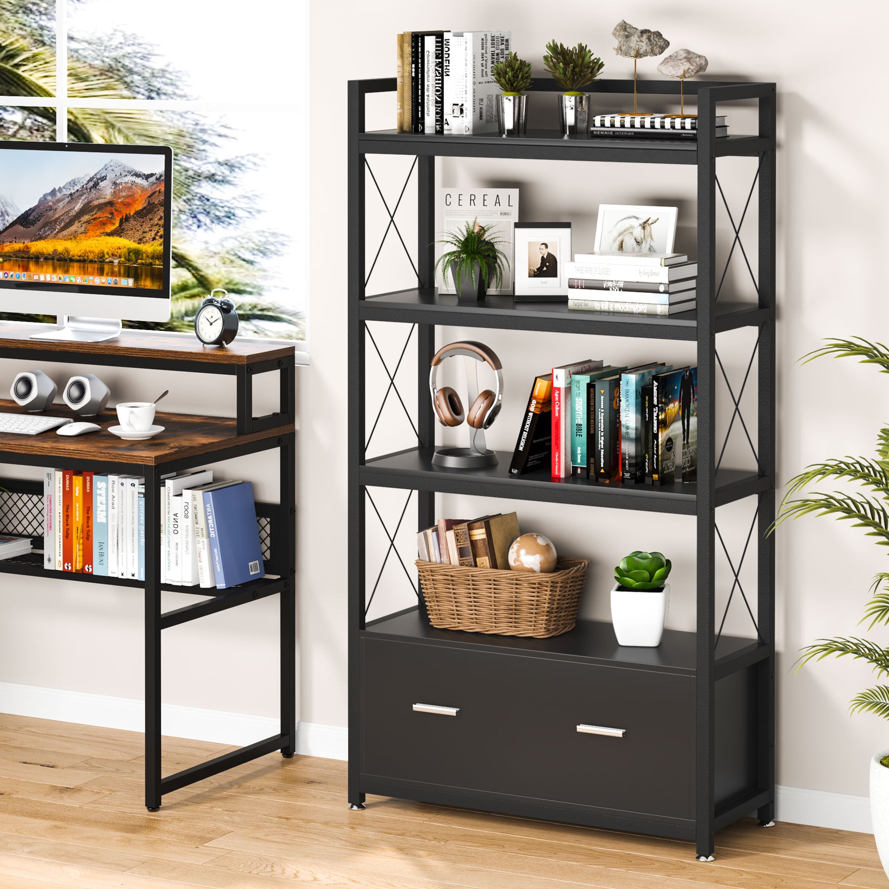 Vertical File Cabinet, Freestanding Filing Cabinet with Drawer & Open Shelves