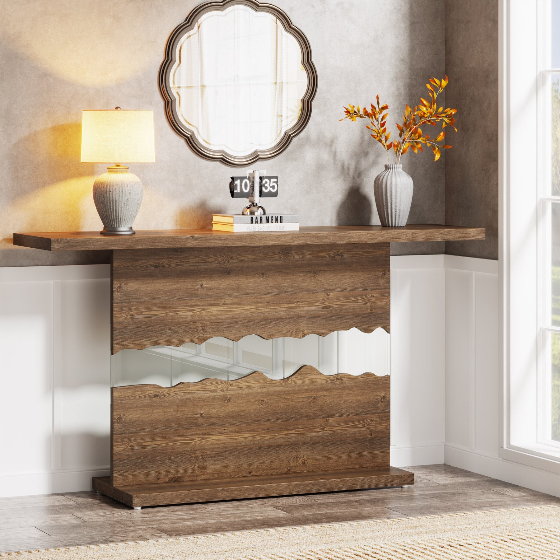 55-inch Console Table, Wood and Glass Sofa Table for Entryway