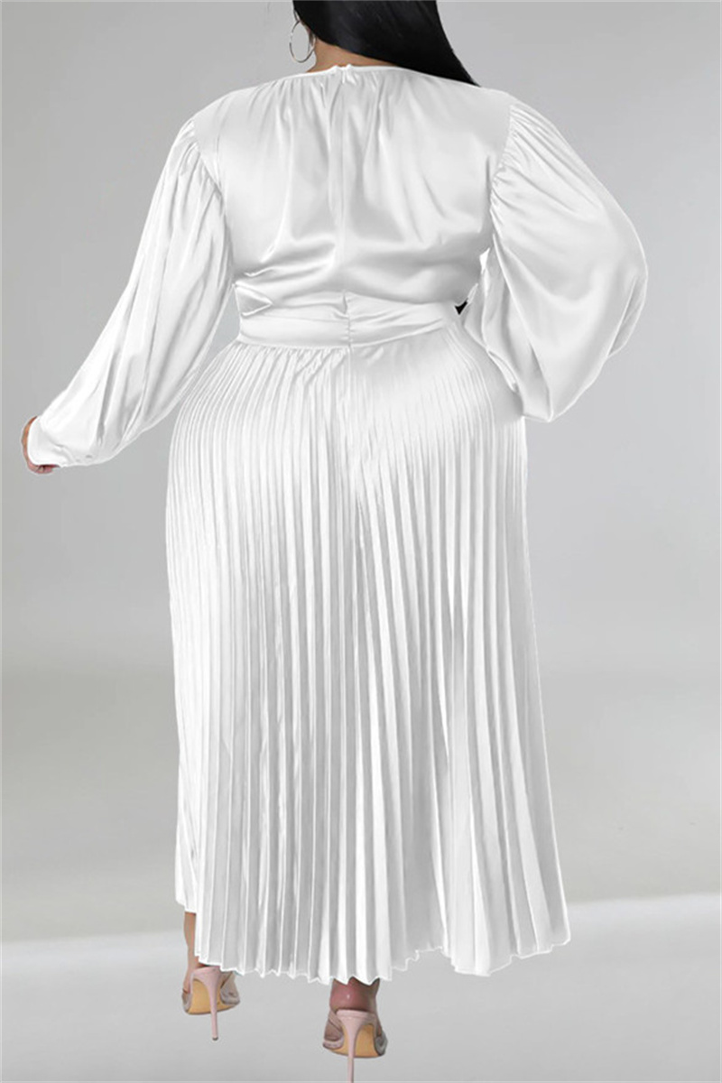 5XL Green Casual Solid Patchwork Fold O Neck Pleated Plus Size Dresses