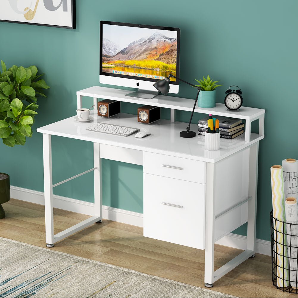 White Computer Desk, 47 Inches Modern Writing Desk with 2 Drawers