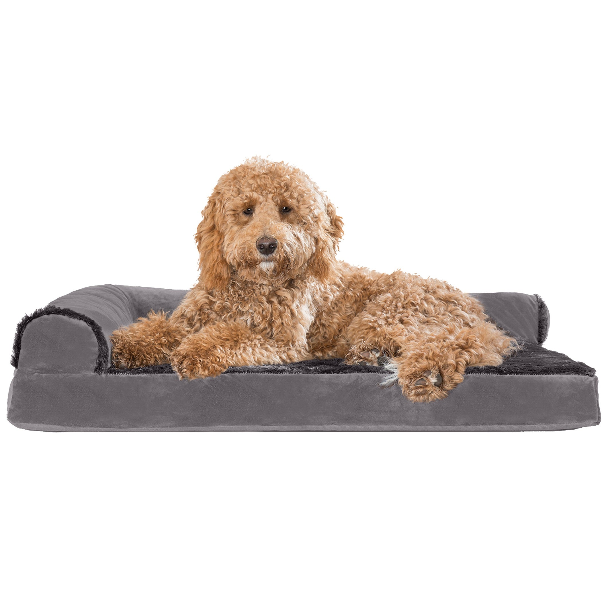 FurHaven Pet Products | Deluxe Orthopedic Plush and Velvet L-Shaped Chaise Couch Pet Bed for Dogs and Cats， Platinum Gray， Large