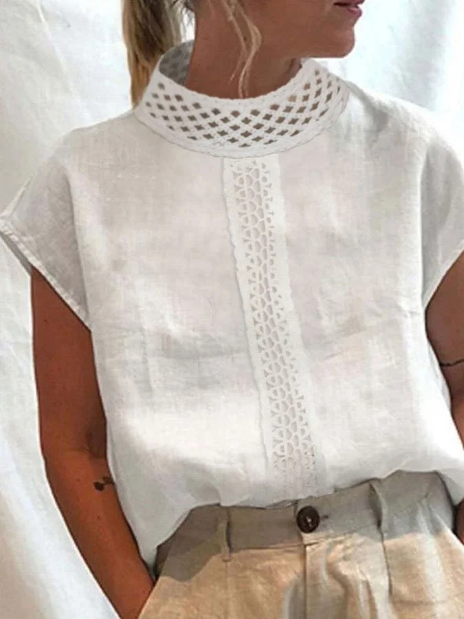 Women's Cotton Linen Lace Splicing Design Fashion Shirt