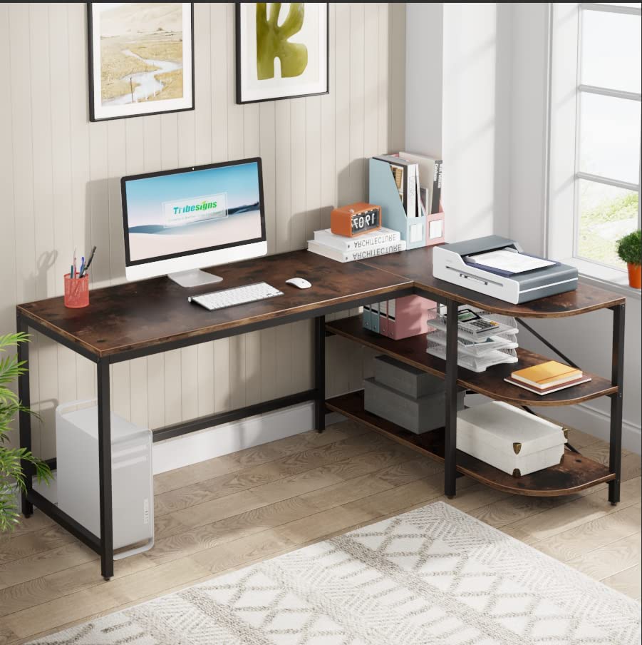 Industrial L-Shaped Desk Writing Desk with Storage Shelves