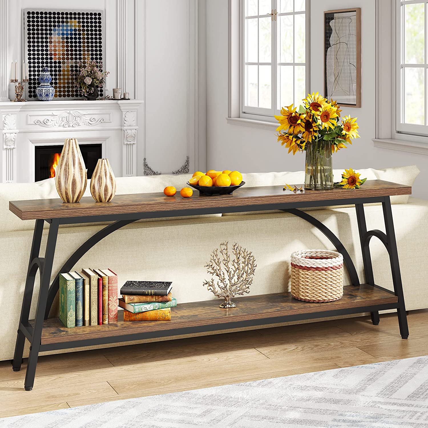 2-Tier Console Table, 70.8” Sofa Table Hallway Table with Open Shelves