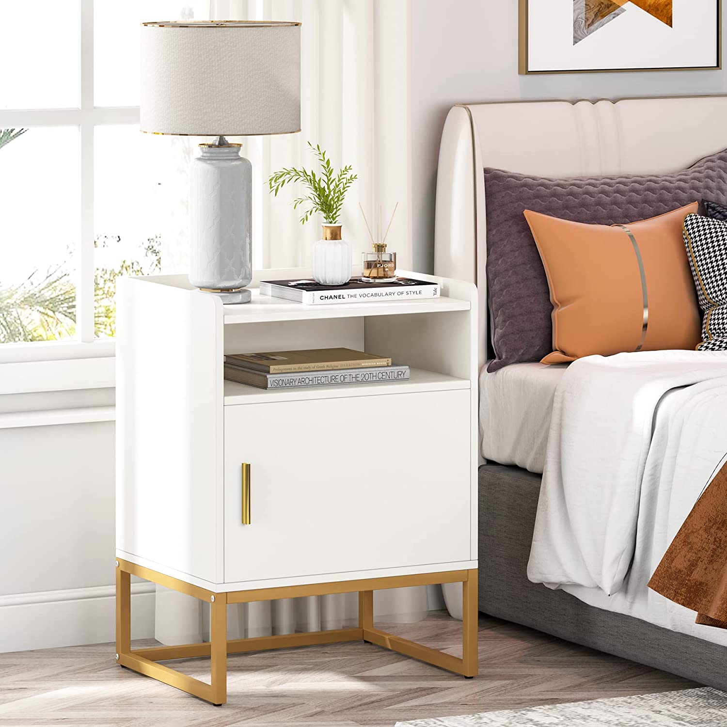 Modern Nightstand Bedside Table with Cabinet and Storage Shelf