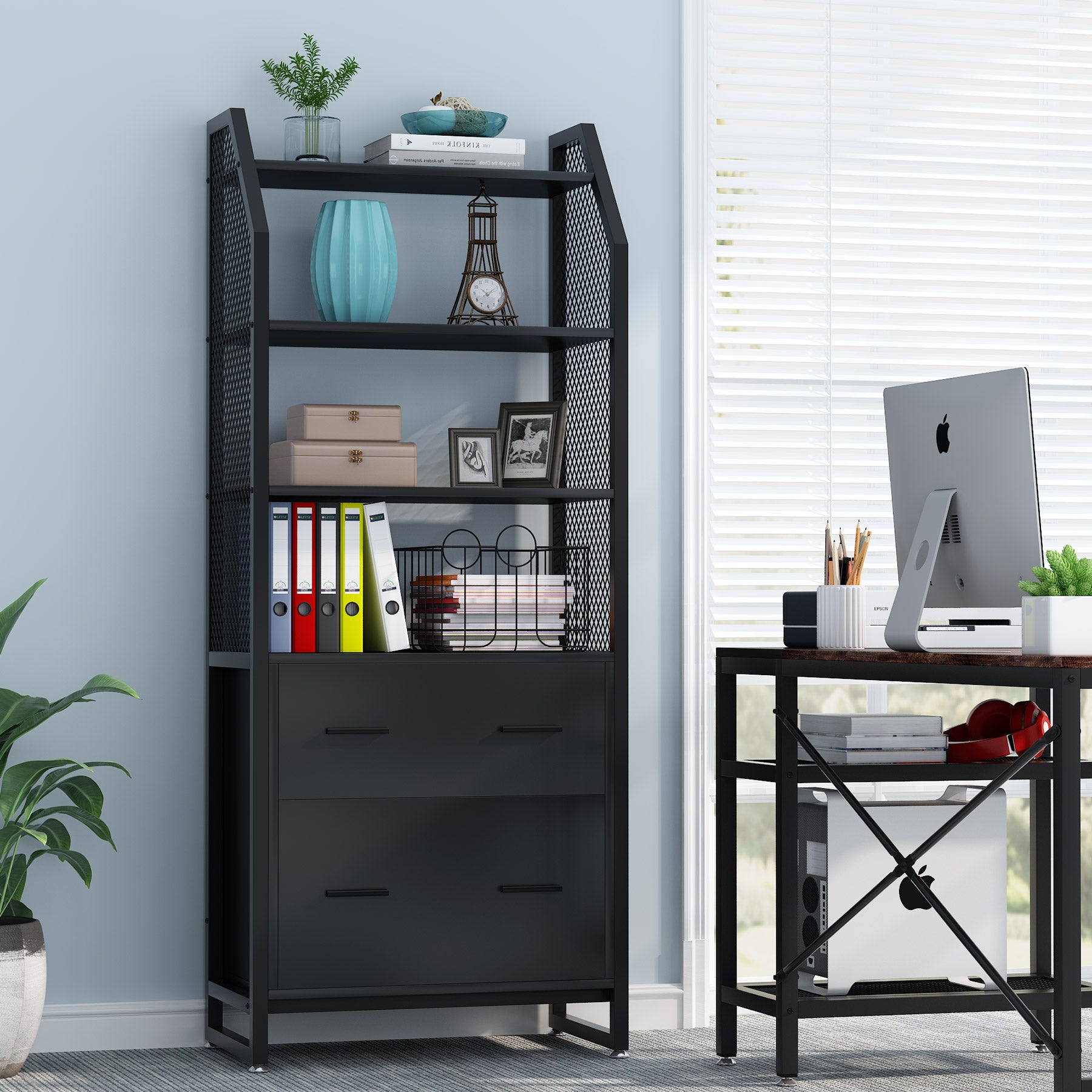 2-Drawer File Cabinet, Vertical Filing Cabinet with Bookshelf