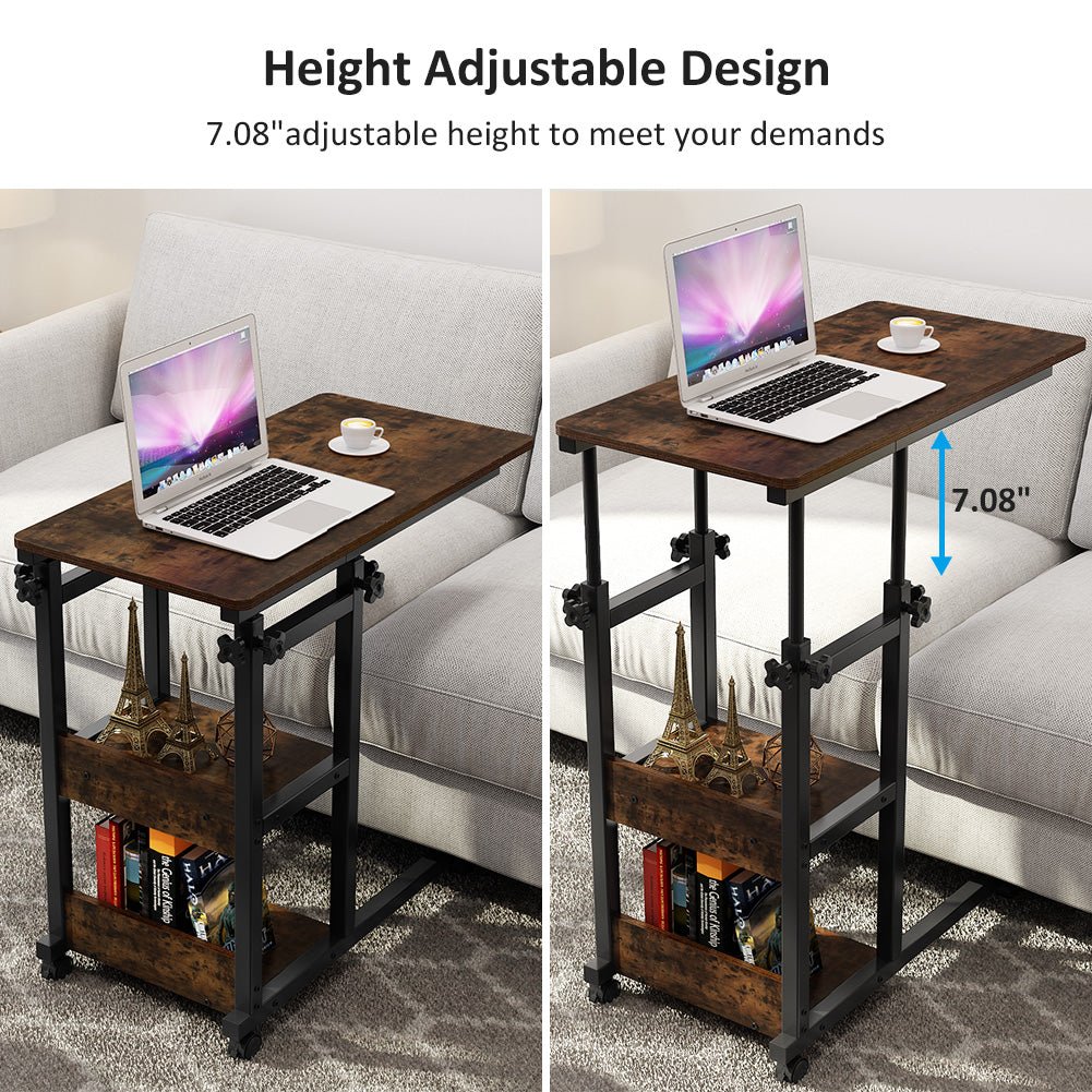 Mobile C Table, Height Adjustable Side Table with Storage Shelves