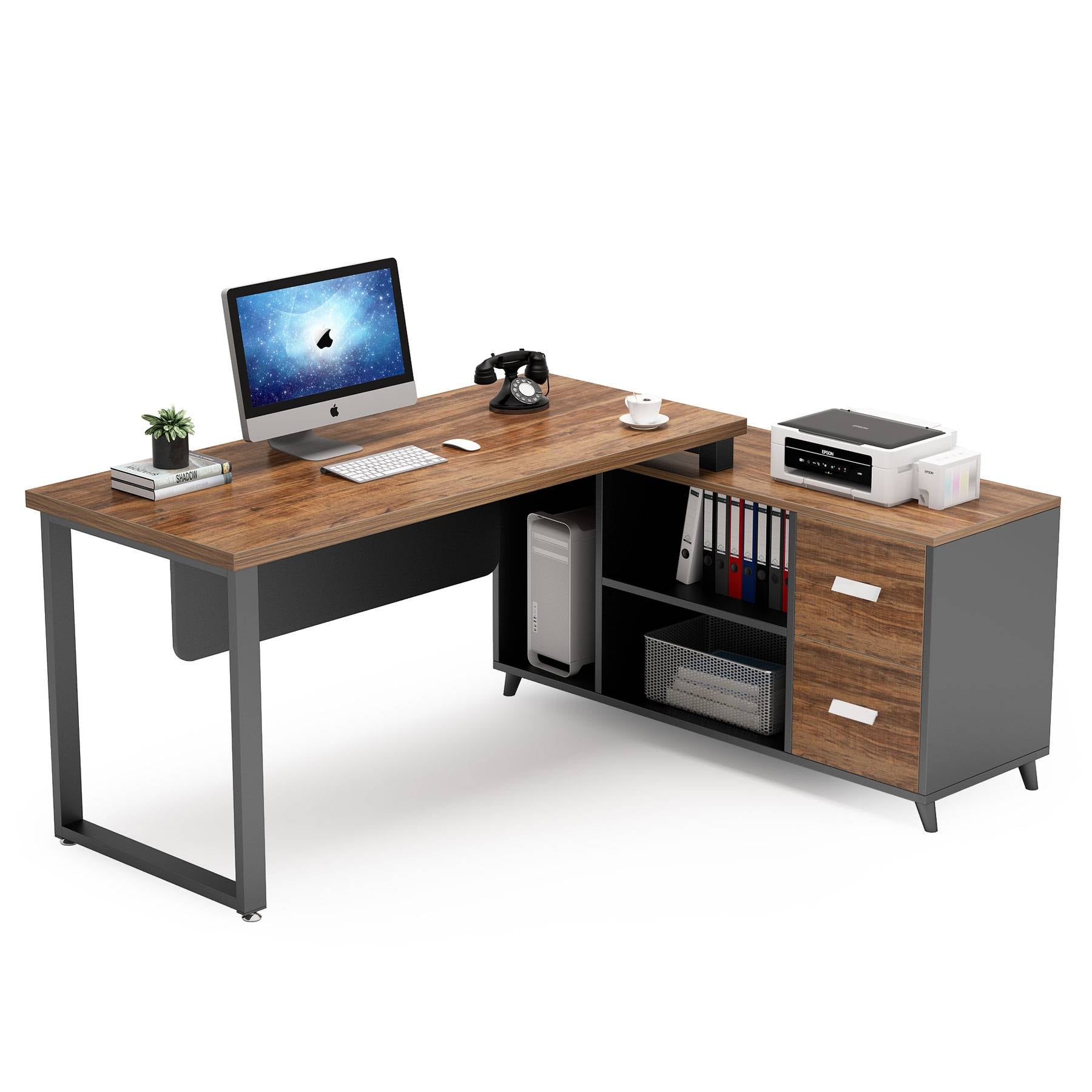 55 Inch L-Shaped Computer Executive Desk with 47 inch File Cabinet