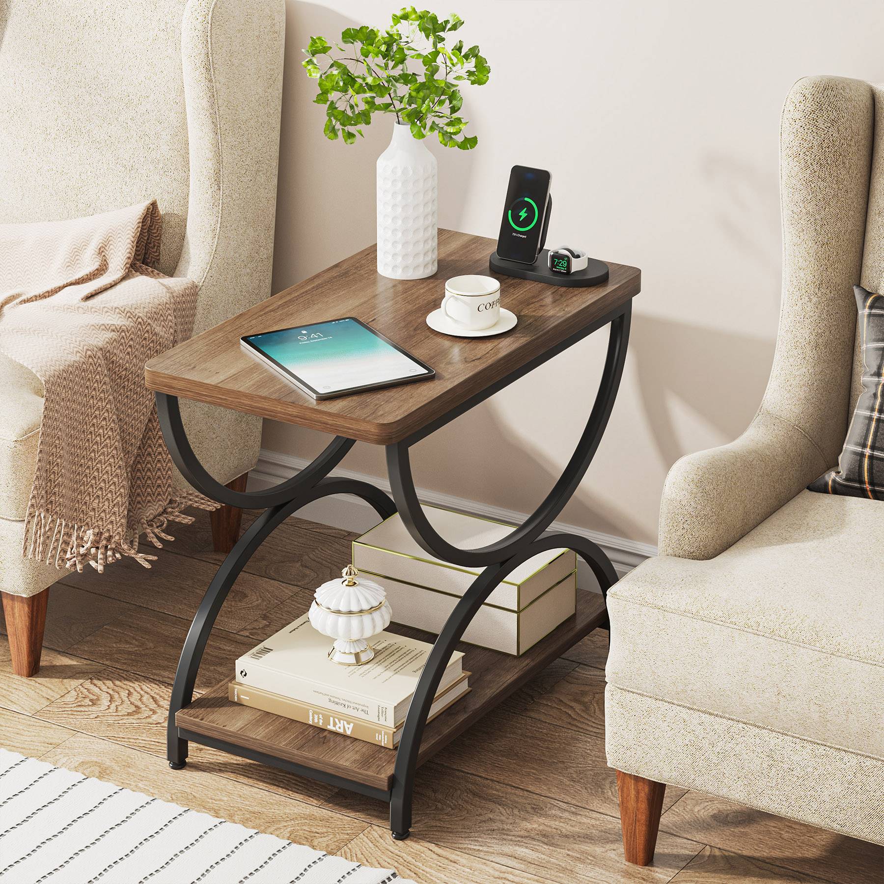 2-Tier End Table, Rectangular Side Table with Stylish Metal Frame