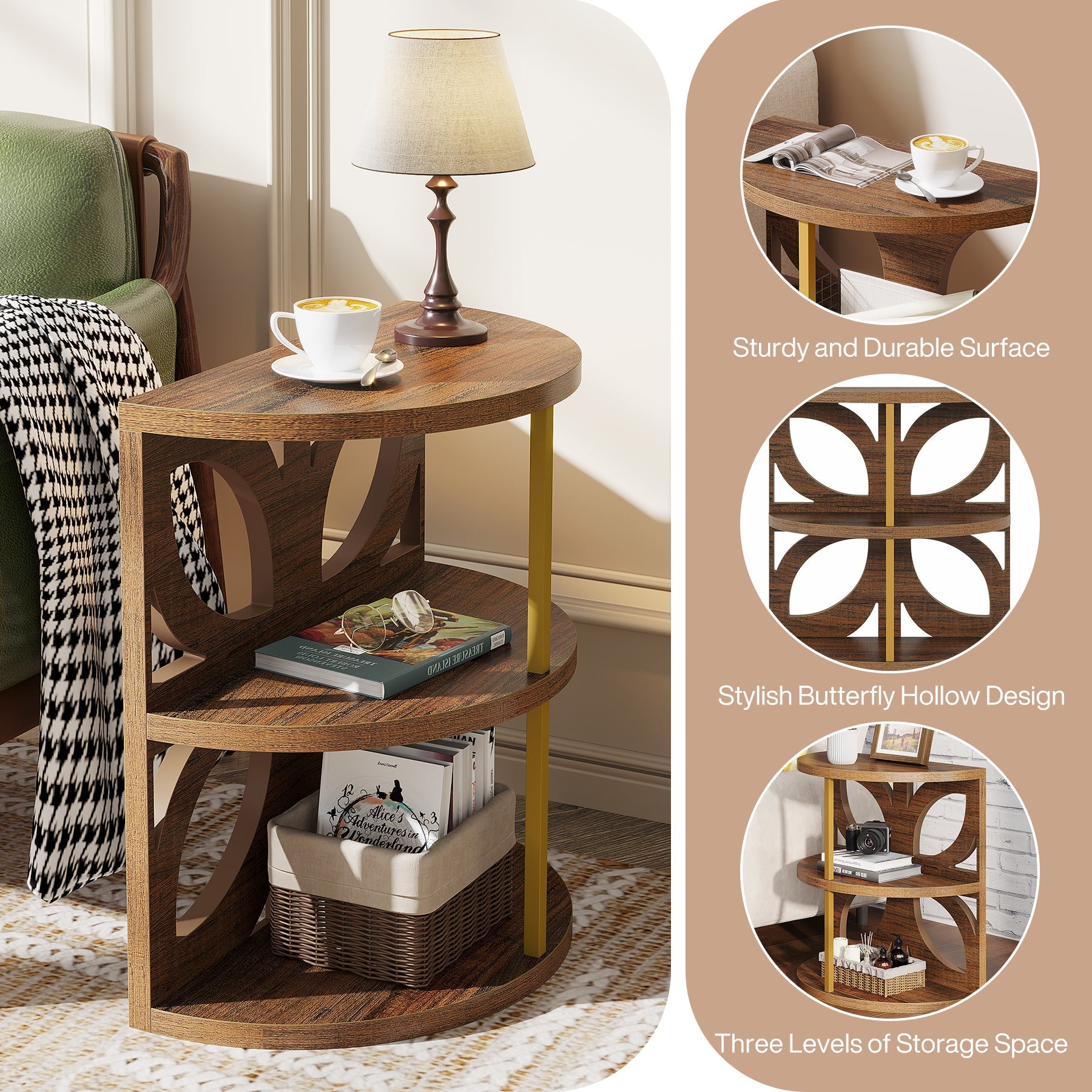 Half Round End Table, Narrow Side Table Nightstand with 3 Storage Shelf