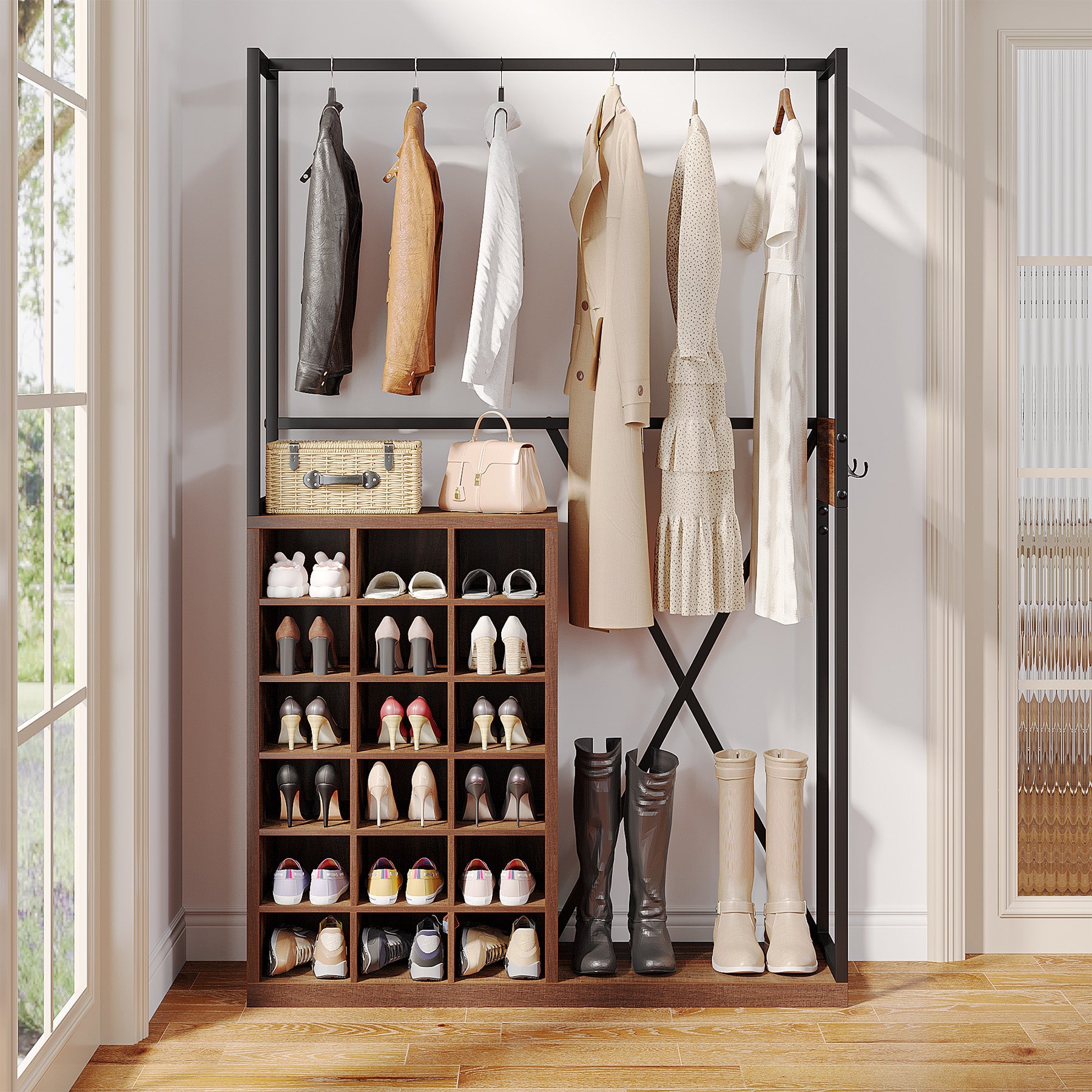 Freestanding Coat Rack, 3-in-1 Hall Tree with Shoe Storage and Hanging Bar