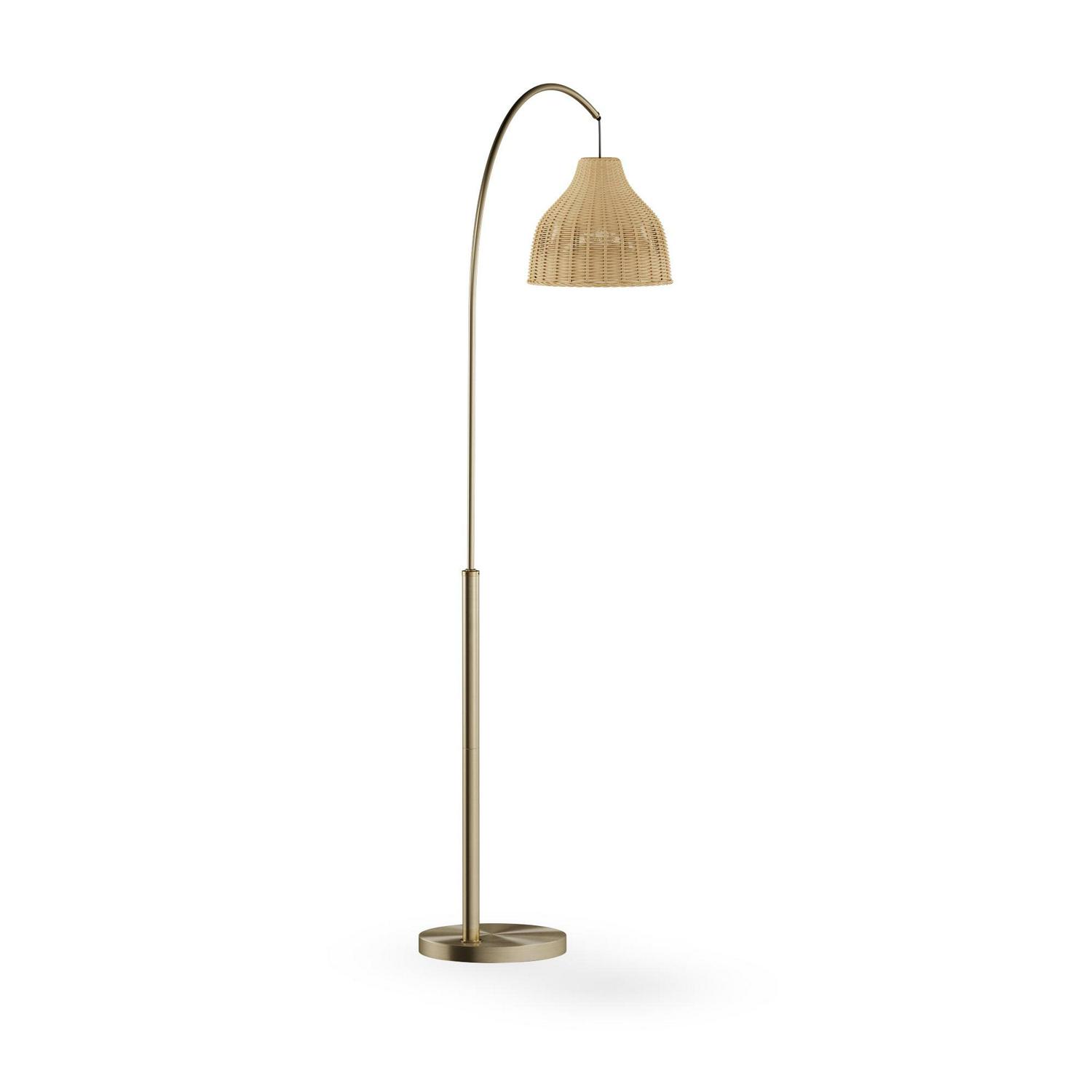Arch Floor Lamp with Rattan Shade by Drew Barrymore Flower Home， Antique Brass