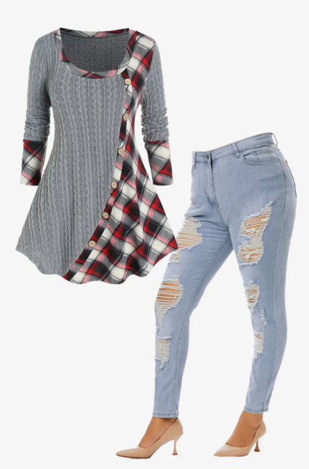 Plus Size Mixed Media Plaid Cable Knit T-shirt and Ripped Jeans Outfit