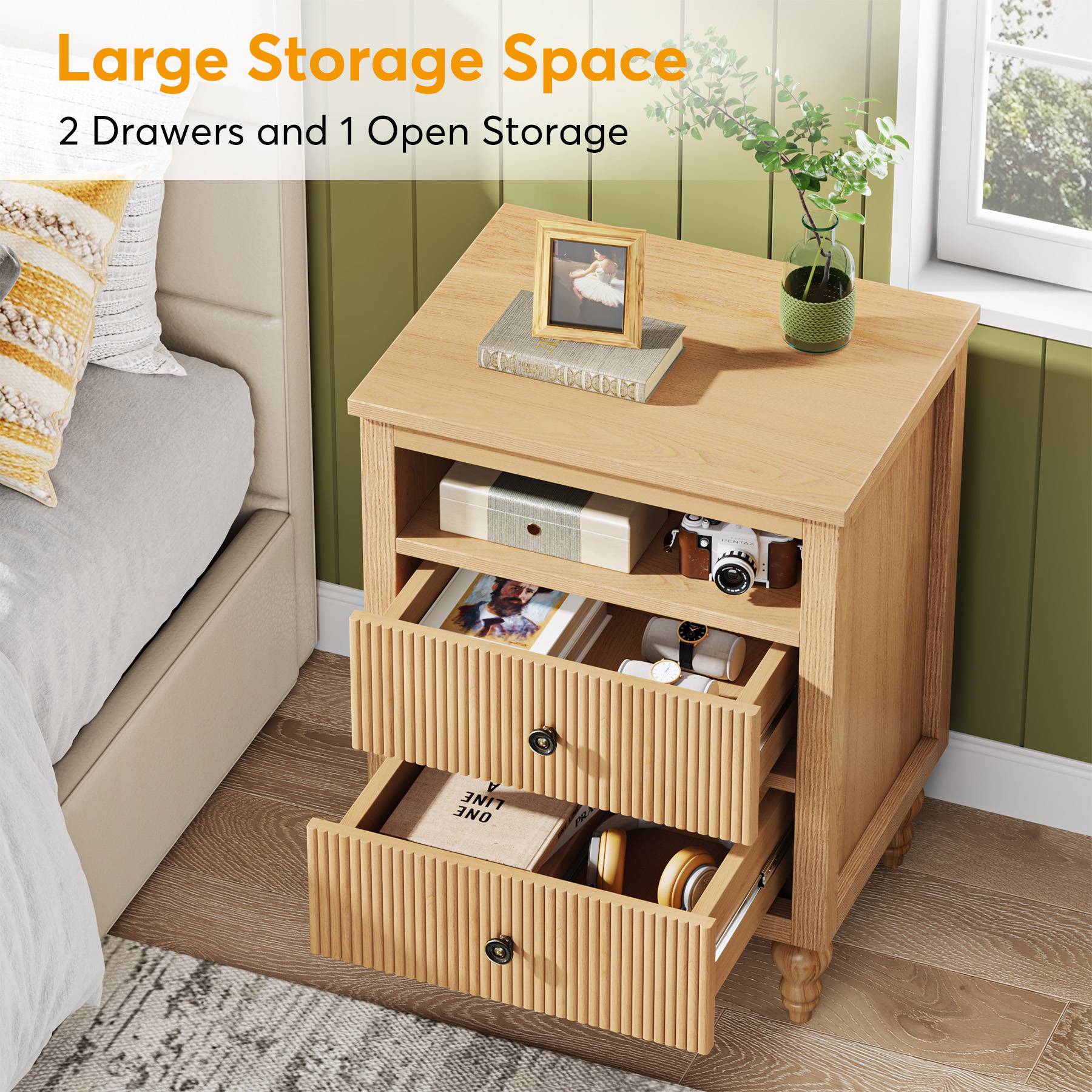 Wood Nightstand, 2 Drawers Sofa Side Table with Open Storage Space