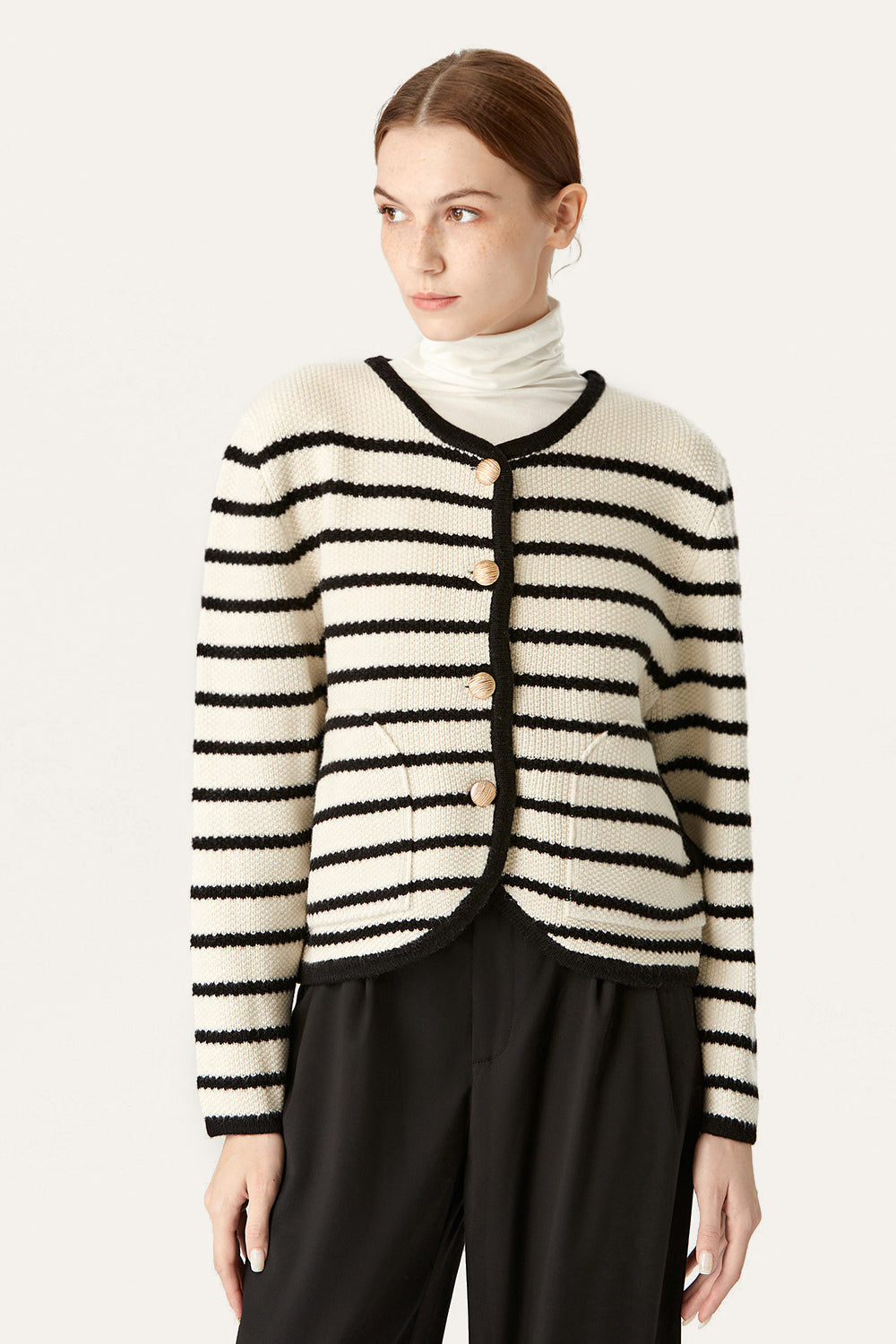 Black Striped Cropped Cardigan Sweater With Buttons
