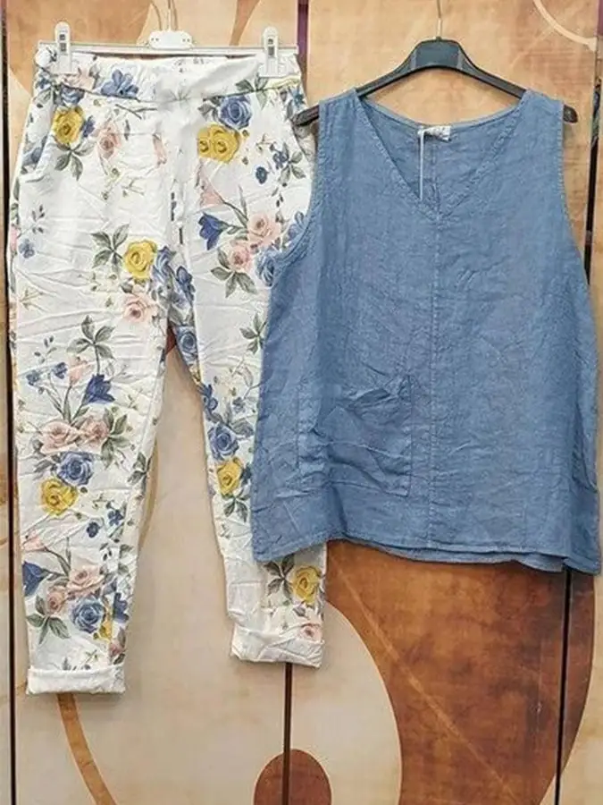 Women's Casual Cotton Linen Retro Solid Color Blue Sleeveless Pullover Set