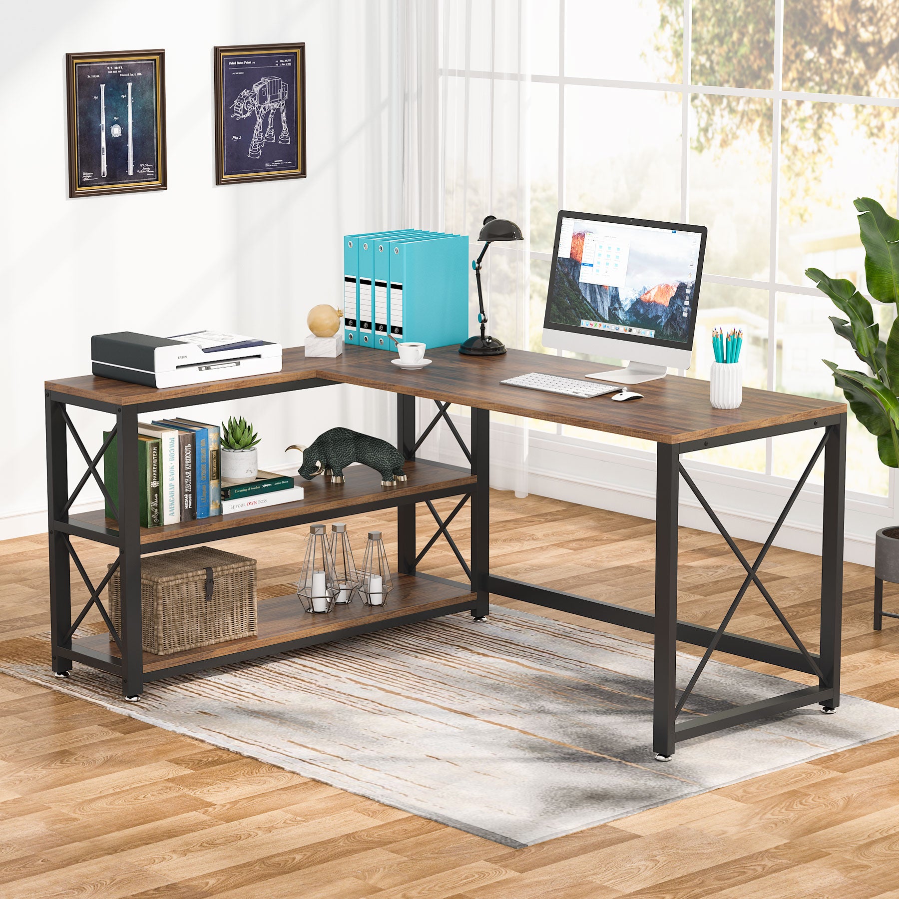 Reversible L-Shaped Desk, Corner Computer Desk with Shelves