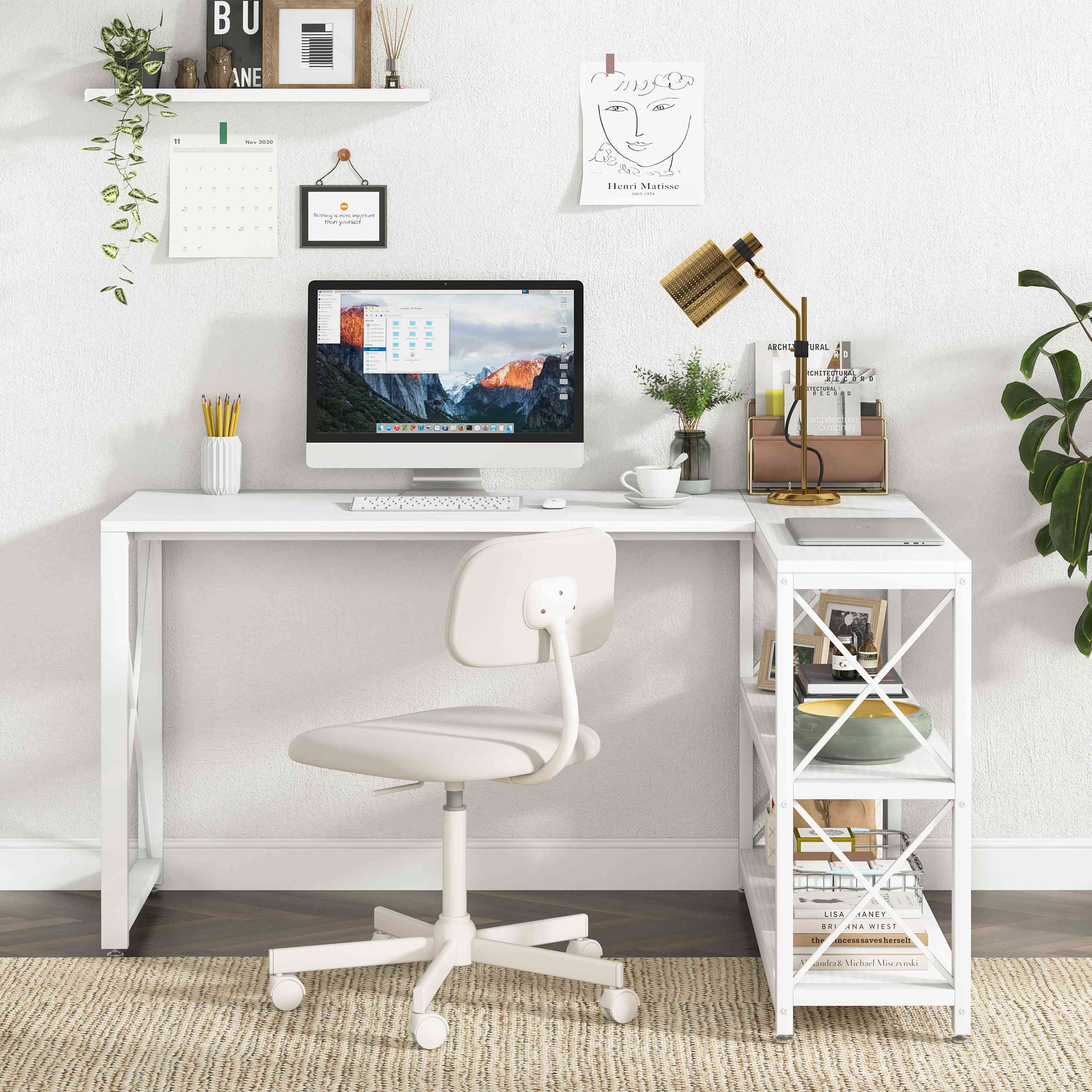 Reversible L-Shaped Desk, Corner Computer Desk with Shelves