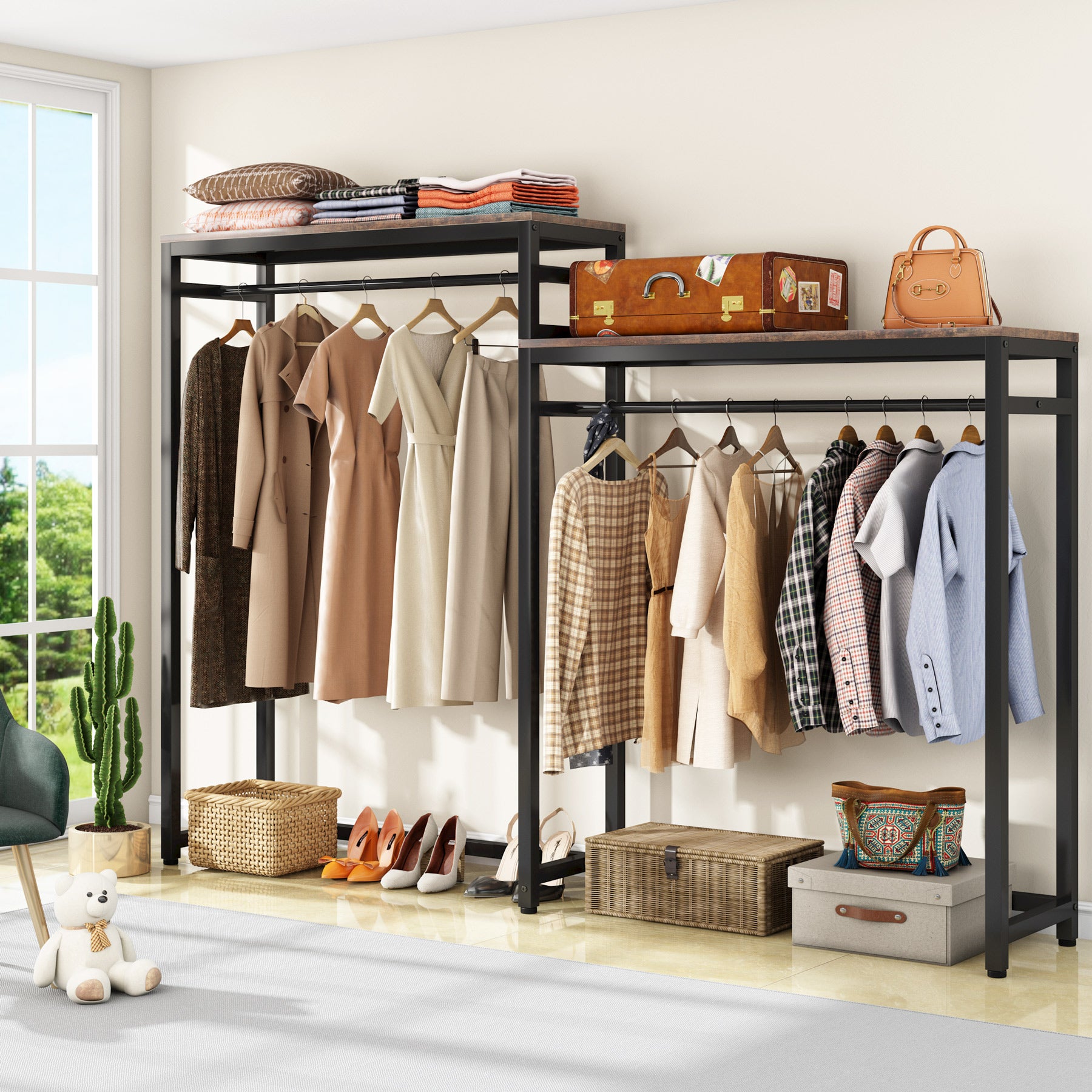 Freestanding Closet Organizer with Shelves and Double Hanging Rod