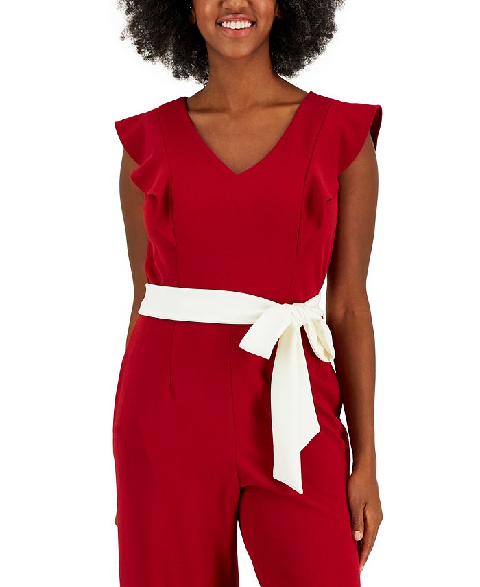 Scuba Crepe V-Neck Flutter-Sleeve Belted Jumpsuit