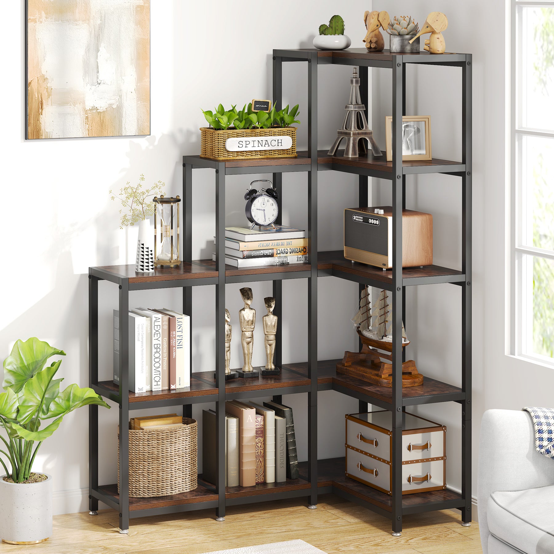 63” Tall Corner Bookshelf, 5-Tier Ladder Corner Etagere Bookcase