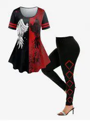 Wings Paint Splatter Printed Colorblock Tee and Rhombus Printed Skinny Leggings Plus Size Gothic Summer Outfit
