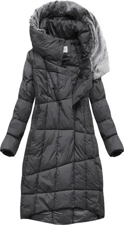 WOMEN'S LONG WINTER JACKET WITH HOOD, GRAPHITE
