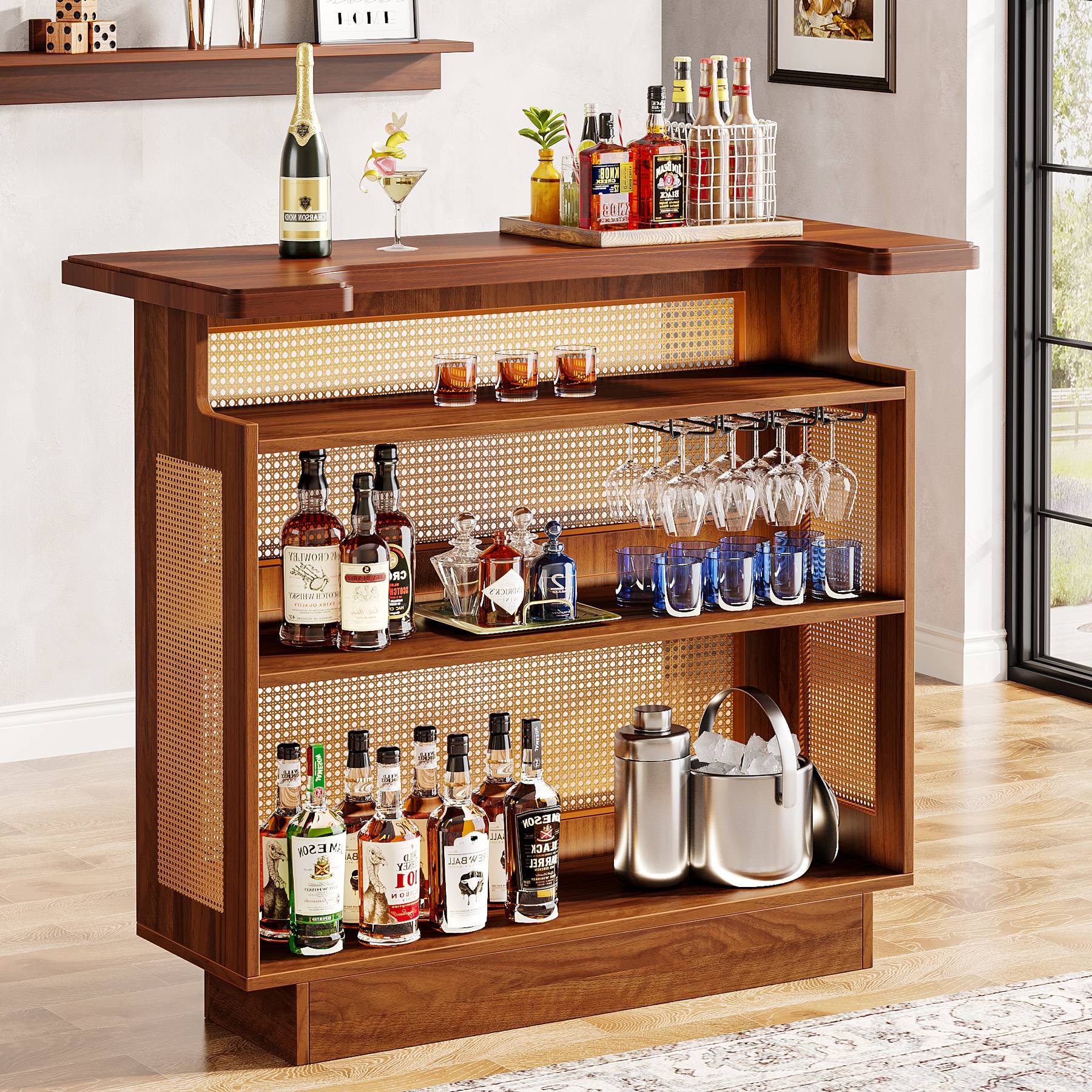 Rattan Home Bar Unit, 4-Tier Liquor Wine Bar Cabinet with Stemware Racks