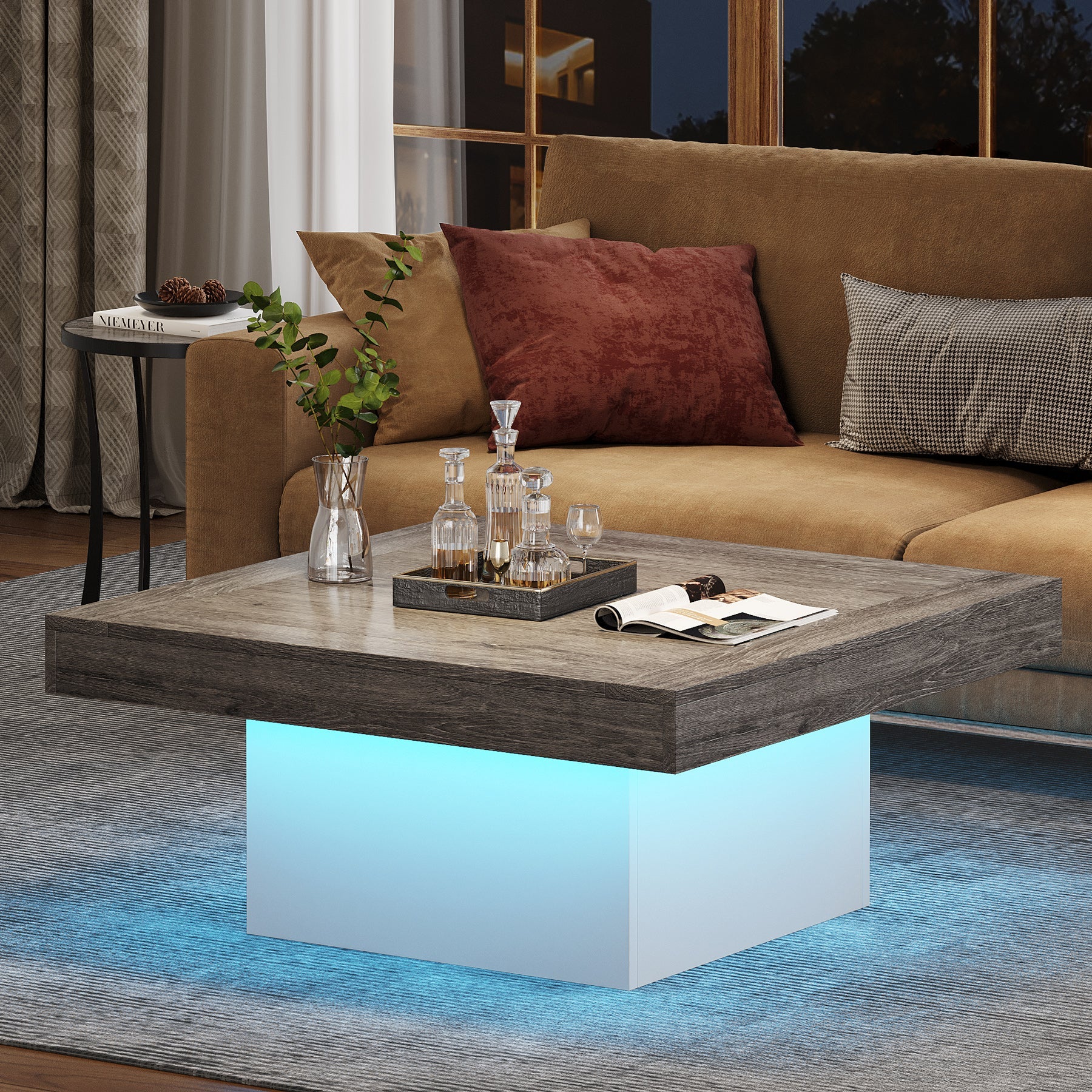 Square Coffee Table, Farmhouse Wood Cocktail Table with LED Light