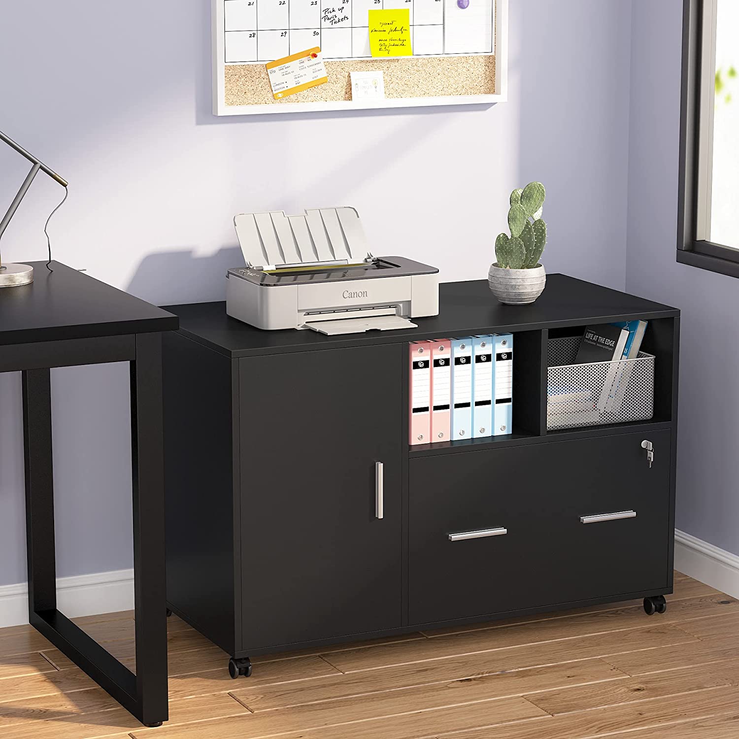 Lateral File Cabinet Printer Stand with Wheels and Shelves