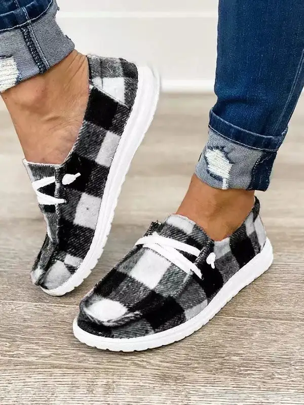 Vintage Plaid Lace Up Flat Sneakers