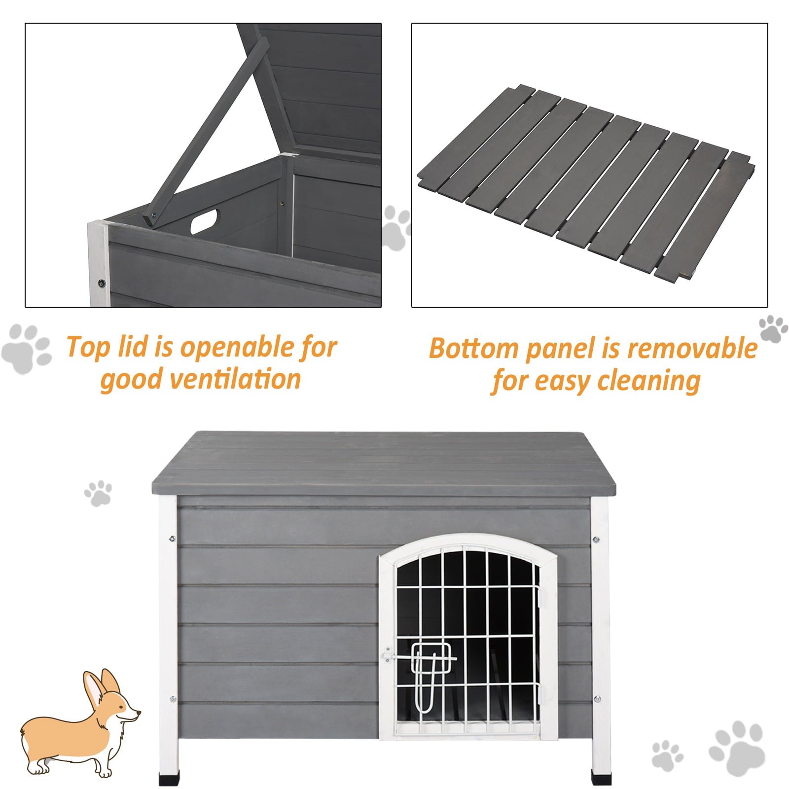 Pawhut 21'' Wooden Decorative Dog Cage Kennel Wire Door with Lock Small Animal House with Openable Top Removable Bottom Gray