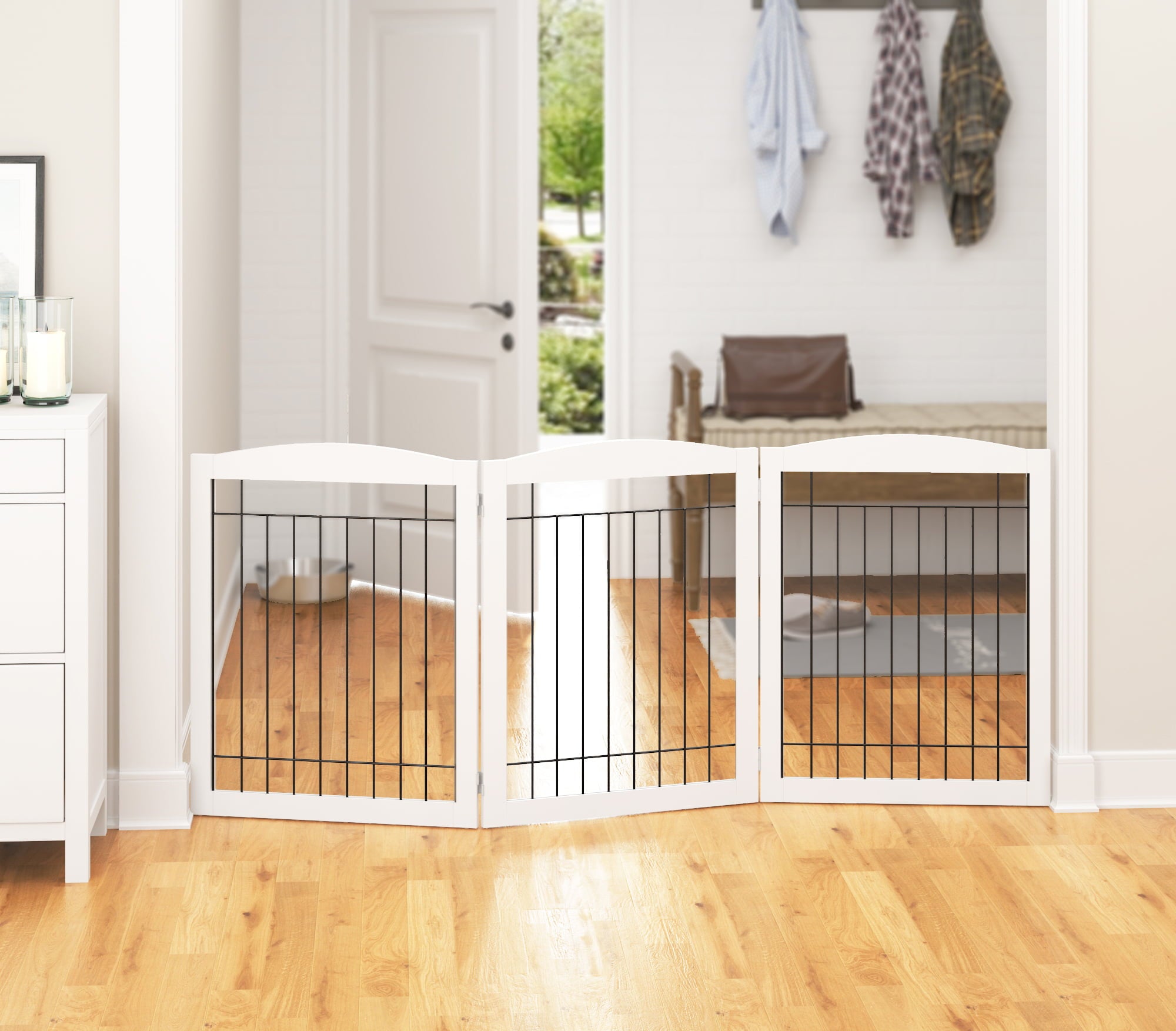 PAWLAND Wooden Freestanding Wire Pet Gate for Dogs， 3 Panel Step Over Fence， Dog Gate for The House， Doorway， Stairs， Extra Wide Tall Pet Safety Fence Christmas tree fence (White， 30