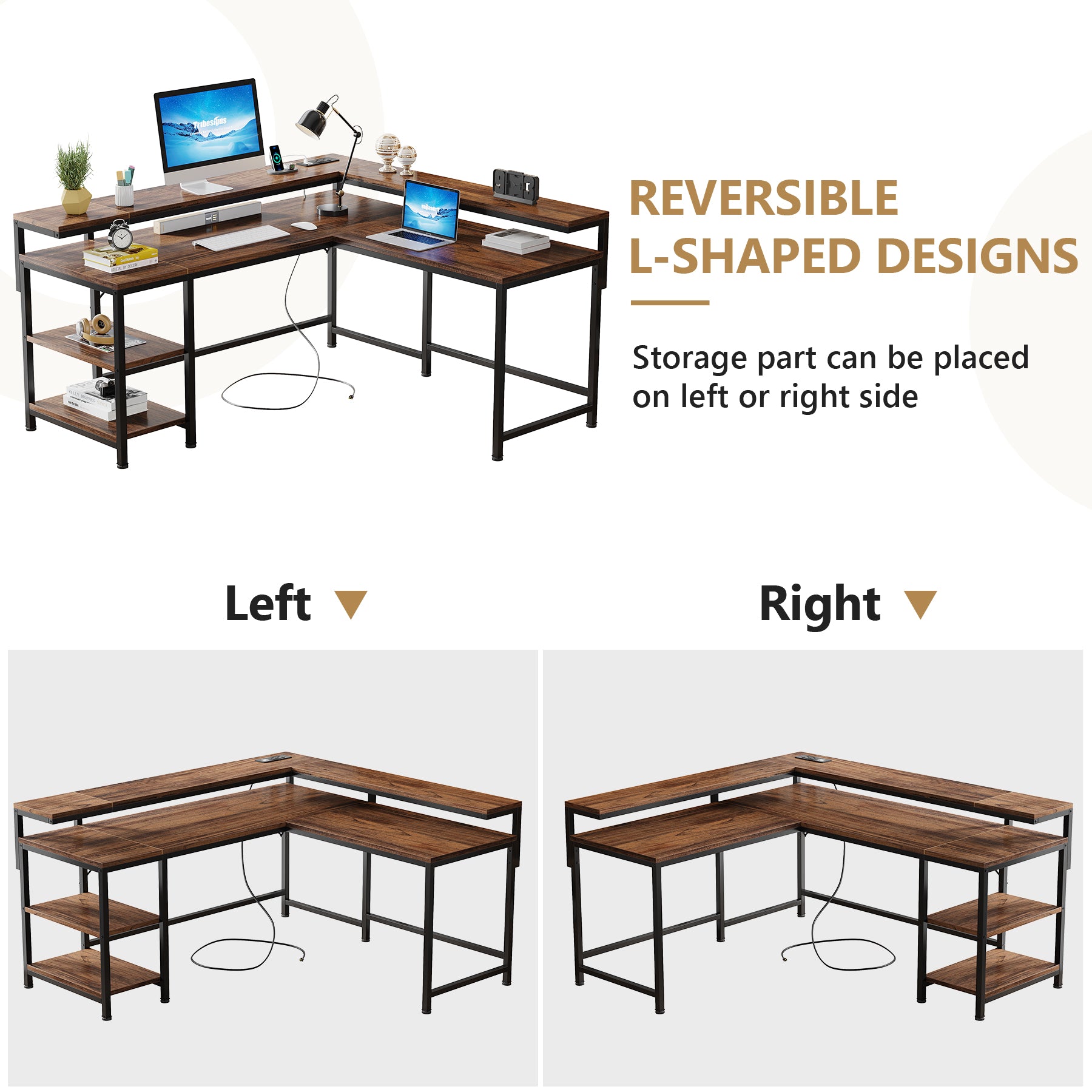 Reversible L-Shaped Desk, Corner Desk with Power Outlets & Monitor Shelves