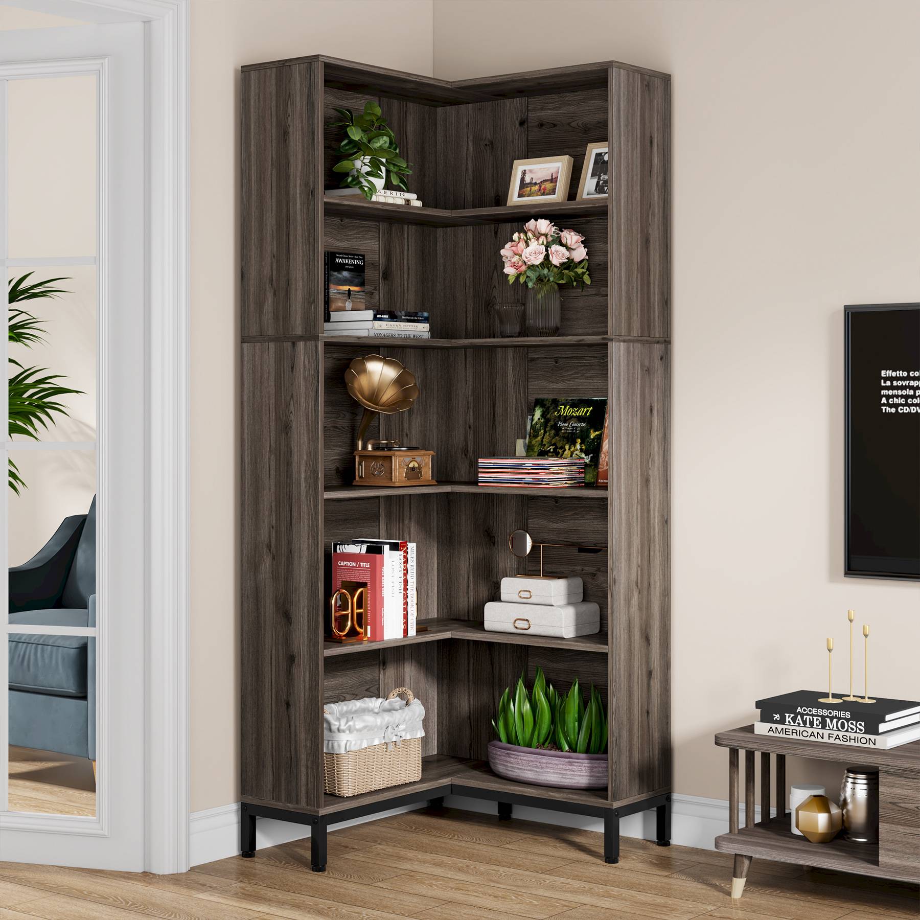 6-Tier Corner Bookcase, 71 inch L-Shaped Etagere Bookshelf